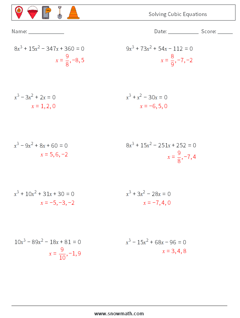 Solving Cubic Equations Maths Worksheets 4 Question, Answer