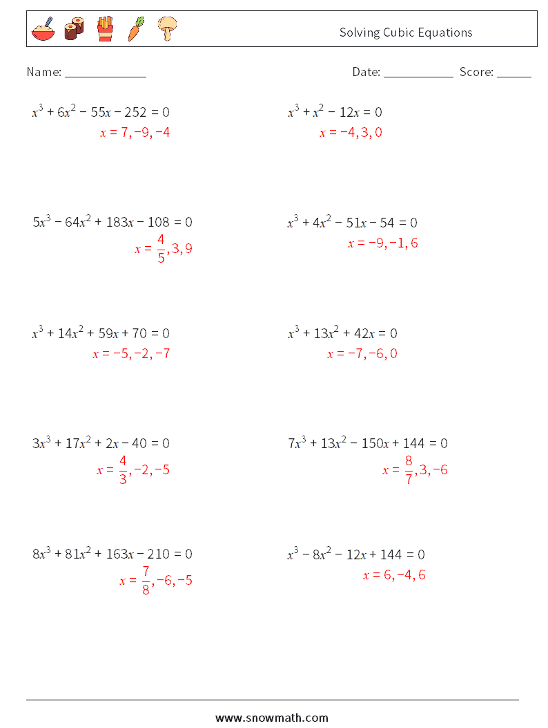 Solving Cubic Equations Maths Worksheets 5 Question, Answer