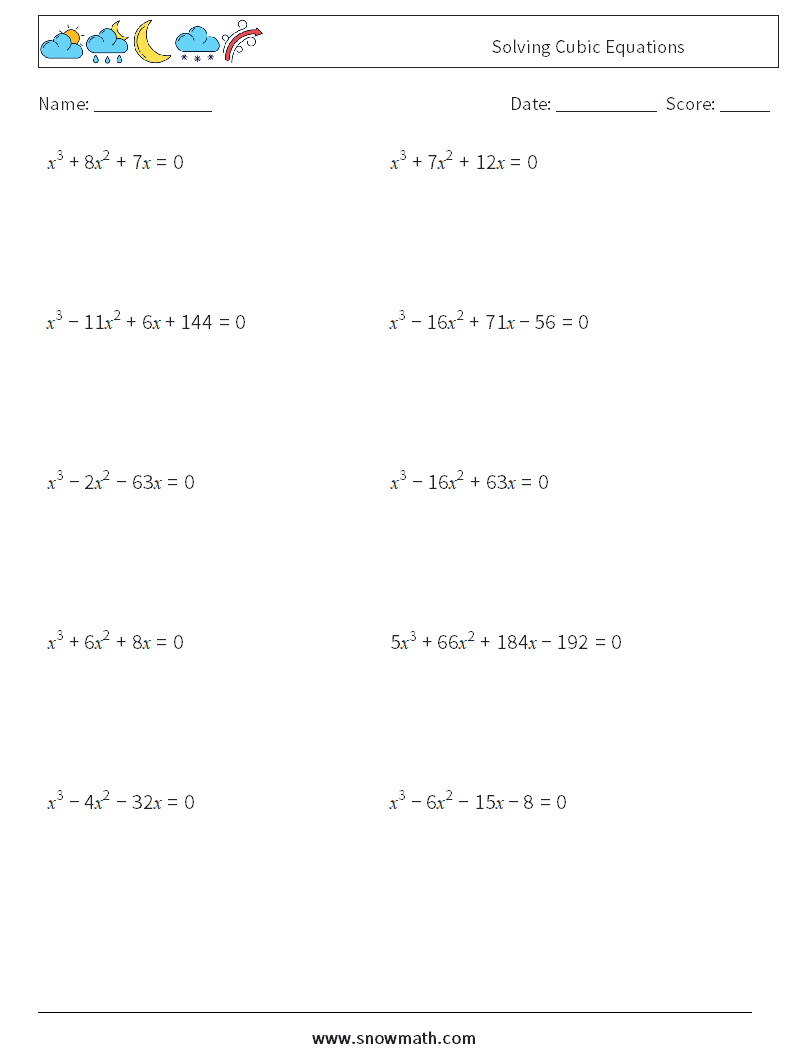 Solving Cubic Equations Maths Worksheets 6