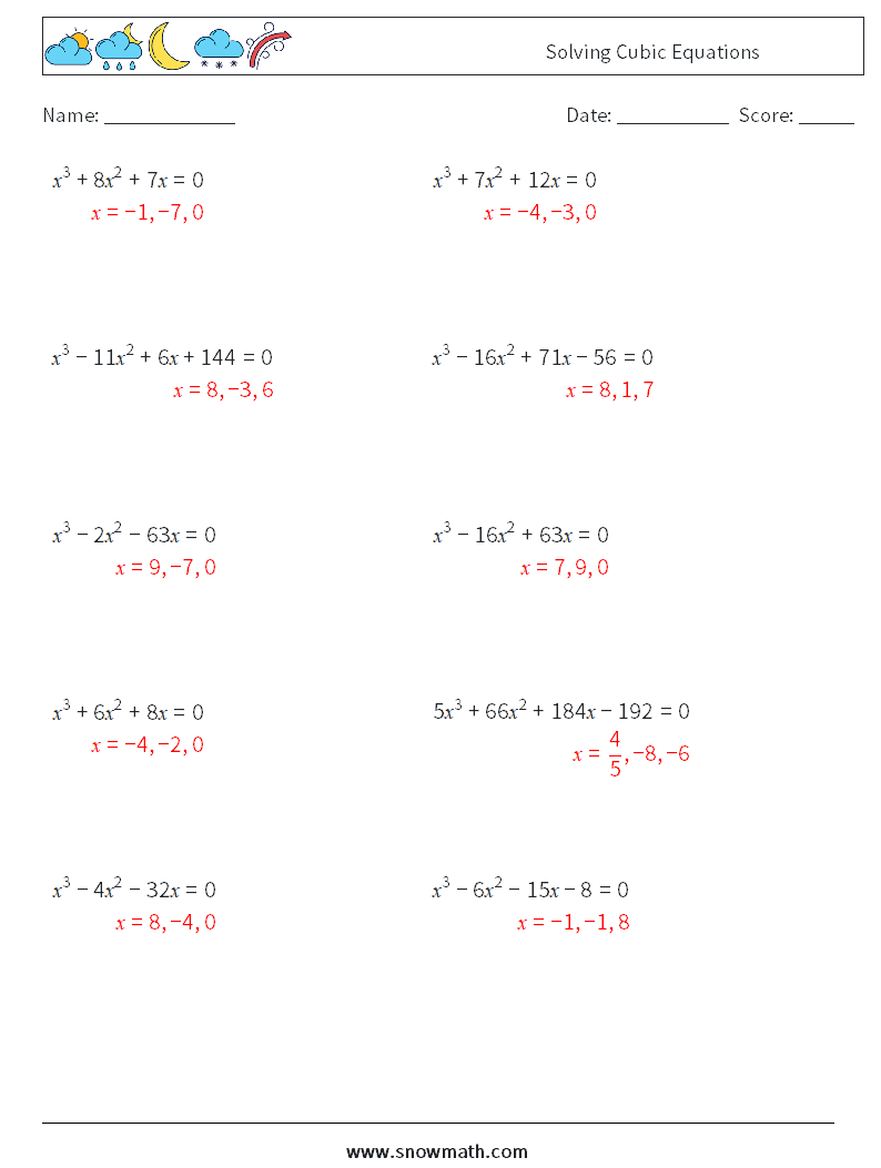 Solving Cubic Equations Maths Worksheets 6 Question, Answer