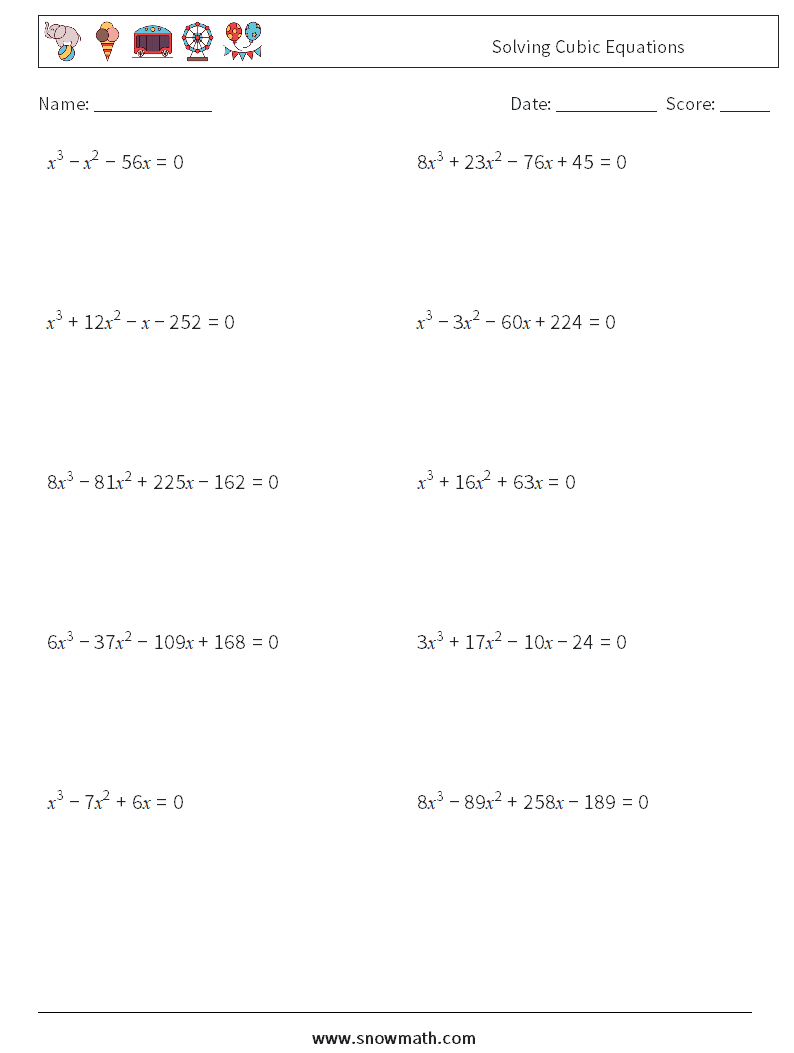 Solving Cubic Equations Maths Worksheets 7
