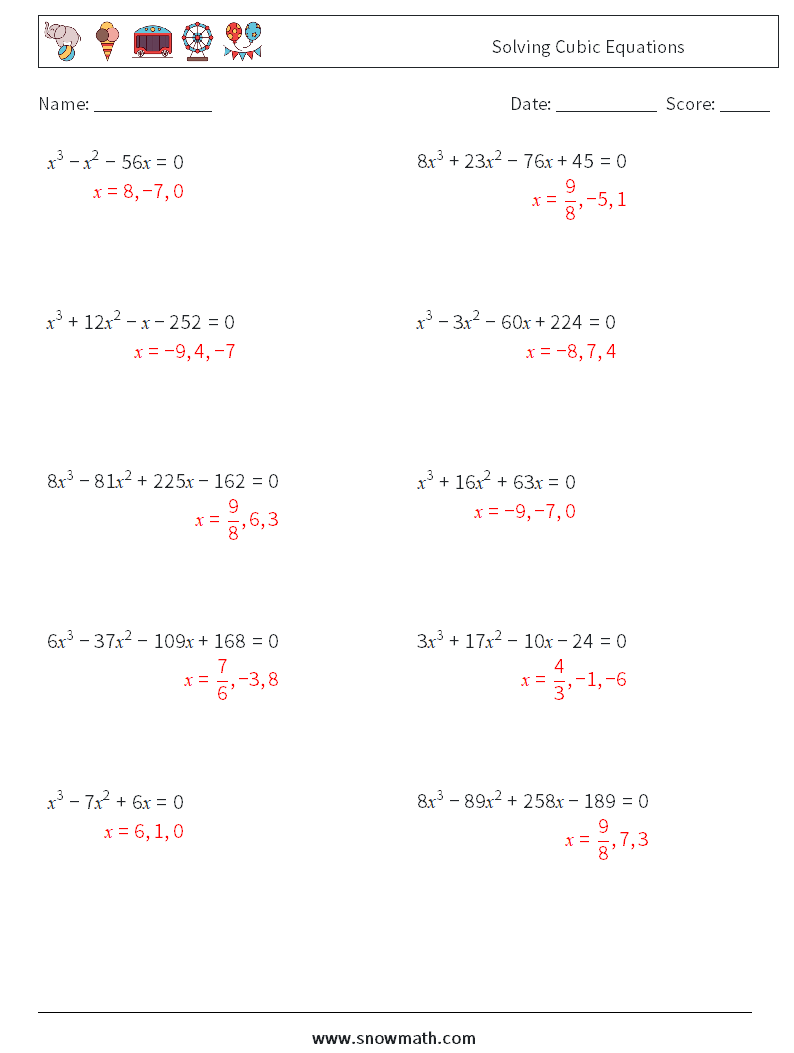 Solving Cubic Equations Maths Worksheets 7 Question, Answer