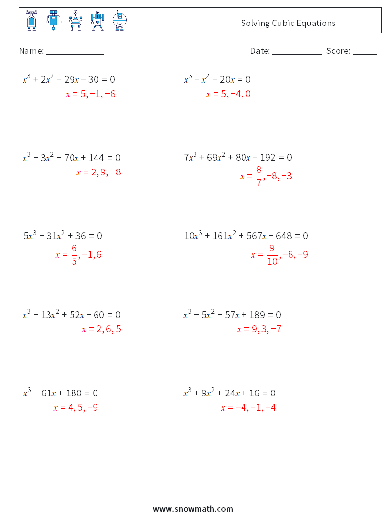 Solving Cubic Equations Maths Worksheets 8 Question, Answer