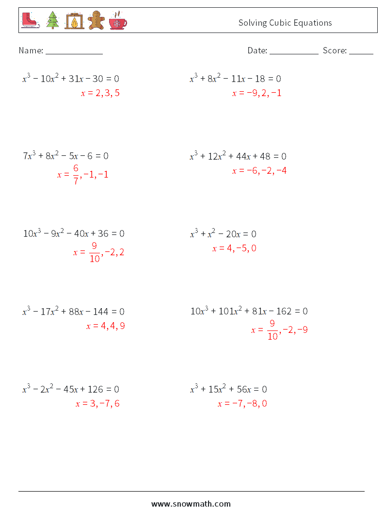 Solving Cubic Equations Maths Worksheets 9 Question, Answer