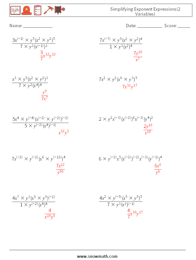  Simplifying Exponent Expressions(2 Variables) Maths Worksheets 7 Question, Answer