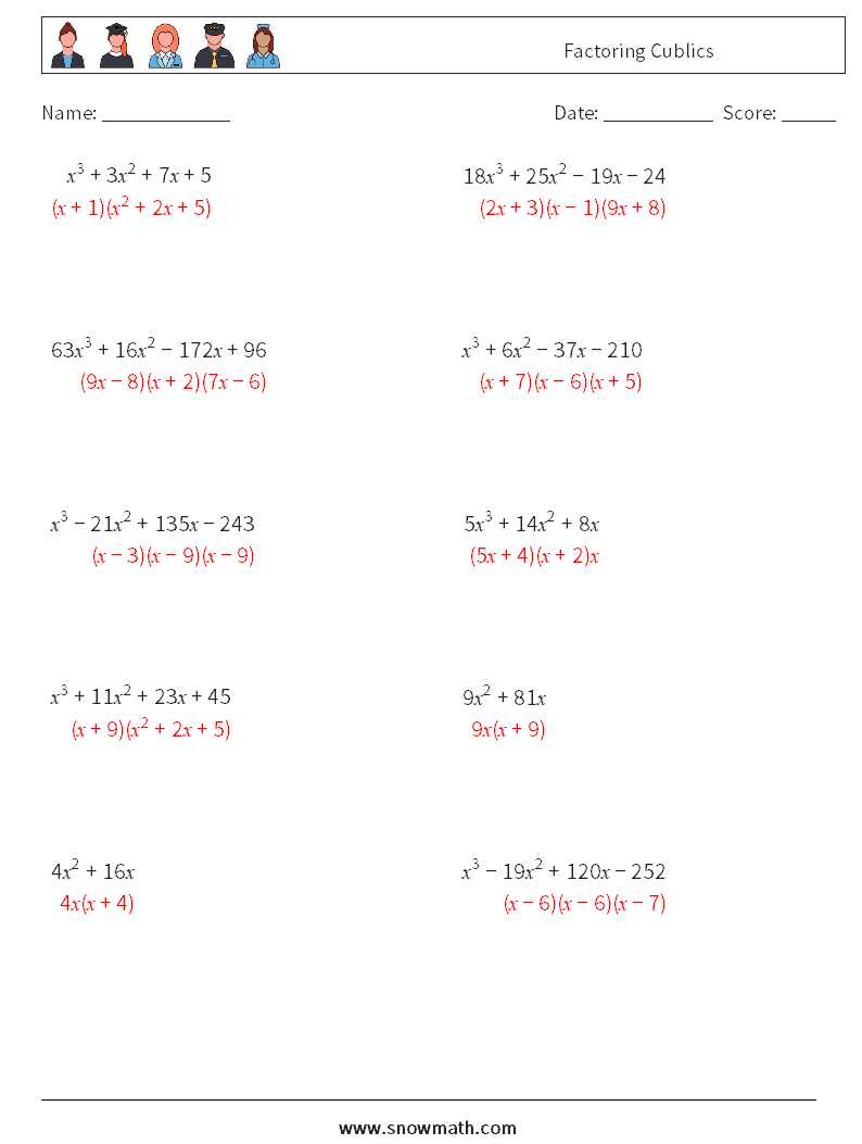Factoring Cublics Maths Worksheets 1 Question, Answer