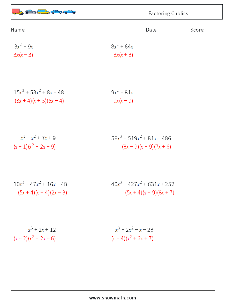 Factoring Cublics Maths Worksheets 2 Question, Answer