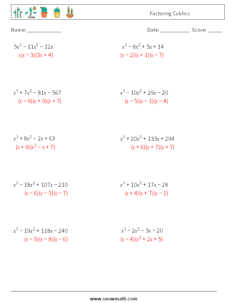Factoring Cublics Maths Worksheets 3 Question, Answer