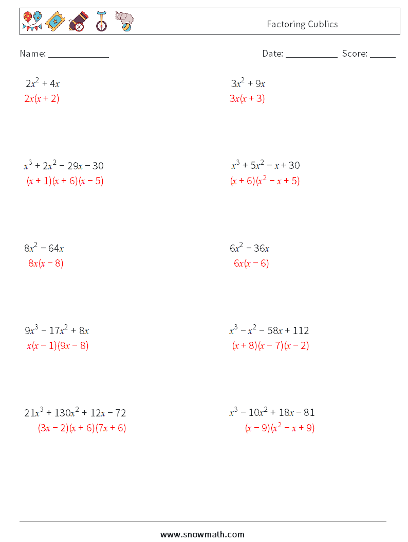 Factoring Cublics Maths Worksheets 5 Question, Answer