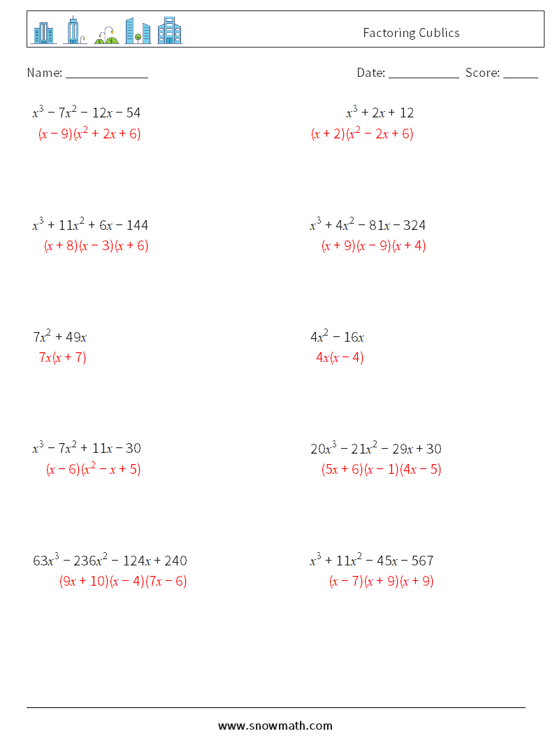 Factoring Cublics Maths Worksheets 6 Question, Answer