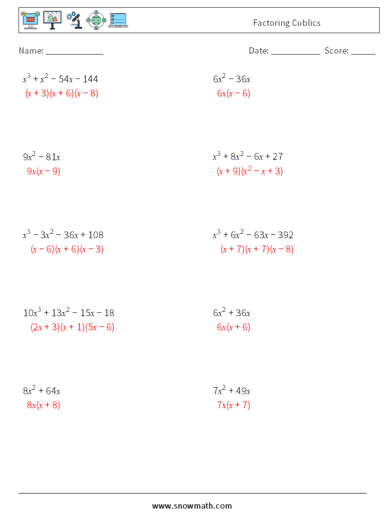 Factoring Cublics Maths Worksheets 7 Question, Answer