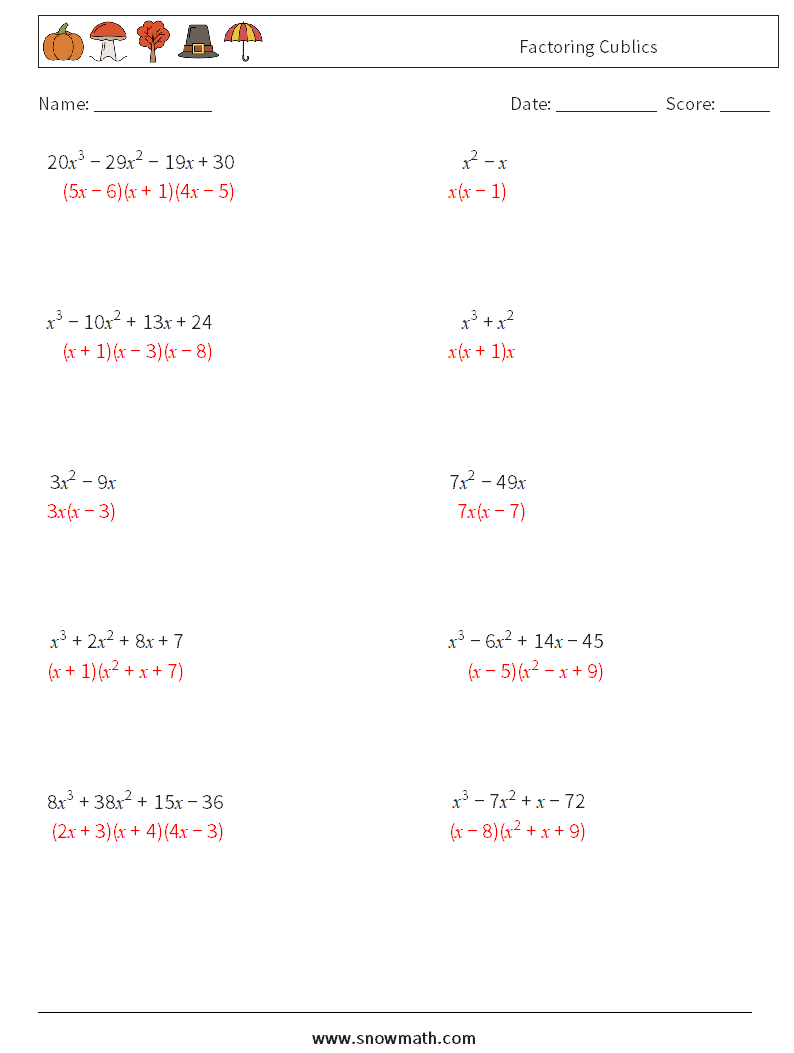 Factoring Cublics Maths Worksheets 8 Question, Answer