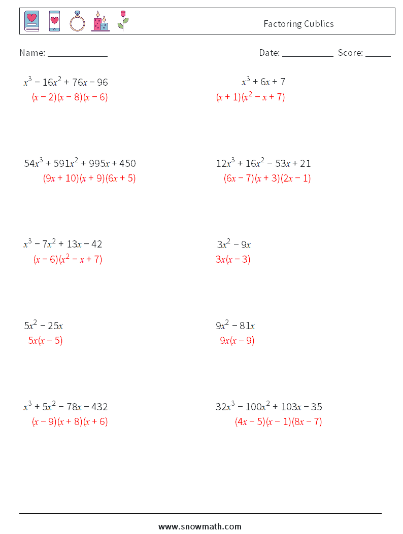 Factoring Cublics Maths Worksheets 9 Question, Answer
