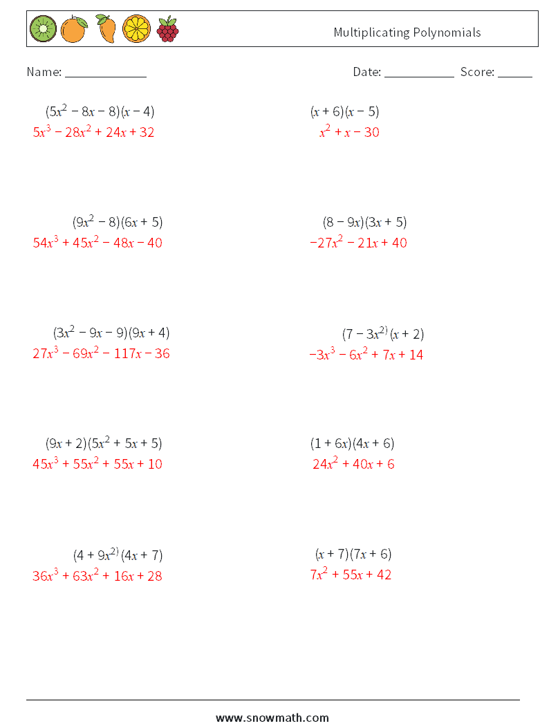 Multiplicating Polynomials Maths Worksheets 1 Question, Answer