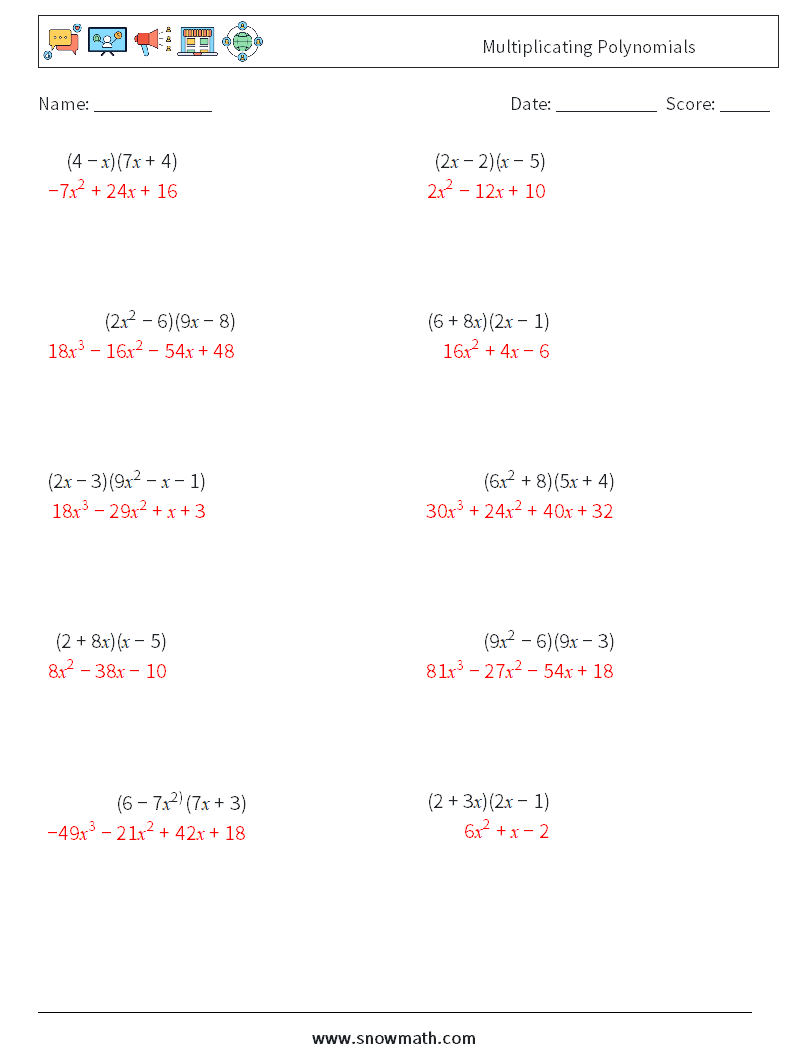 Multiplicating Polynomials Maths Worksheets 2 Question, Answer