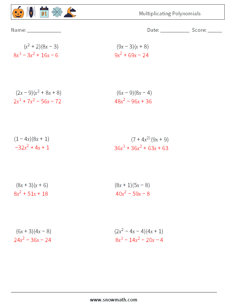 Multiplicating Polynomials Maths Worksheets 3 Question, Answer