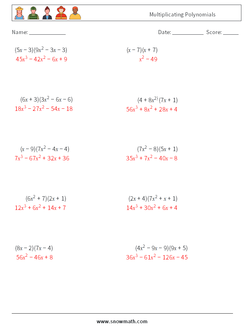 Multiplicating Polynomials Maths Worksheets 4 Question, Answer
