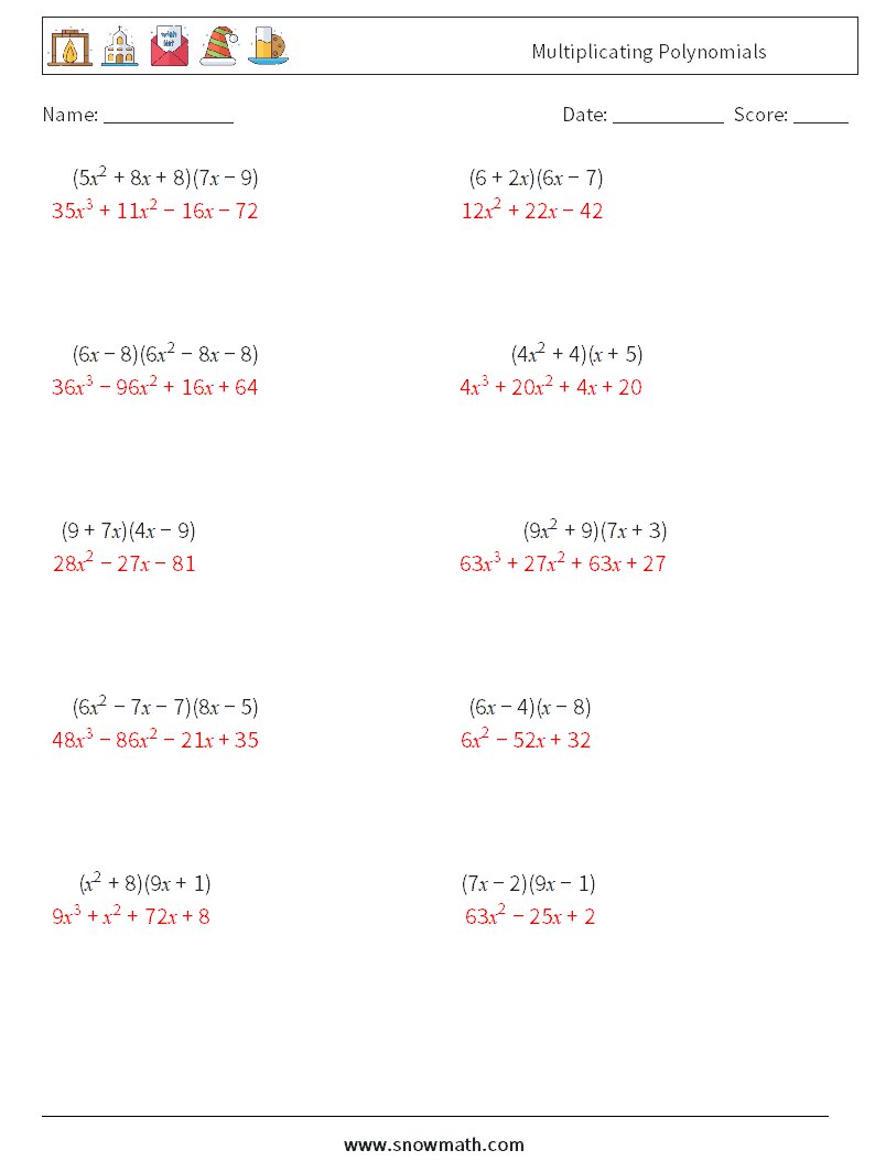 Multiplicating Polynomials Maths Worksheets 5 Question, Answer