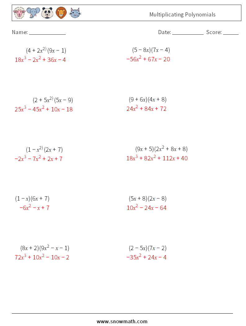 Multiplicating Polynomials Maths Worksheets 6 Question, Answer