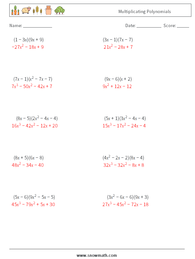 Multiplicating Polynomials Maths Worksheets 7 Question, Answer