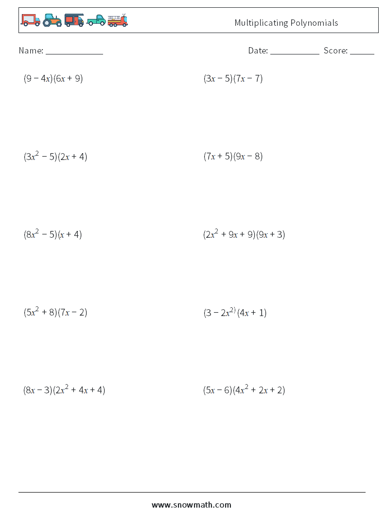 Multiplicating Polynomials Maths Worksheets 8