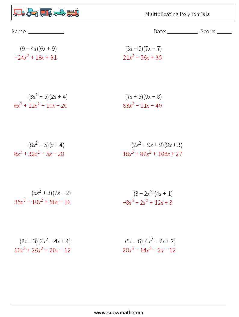 Multiplicating Polynomials Maths Worksheets 8 Question, Answer