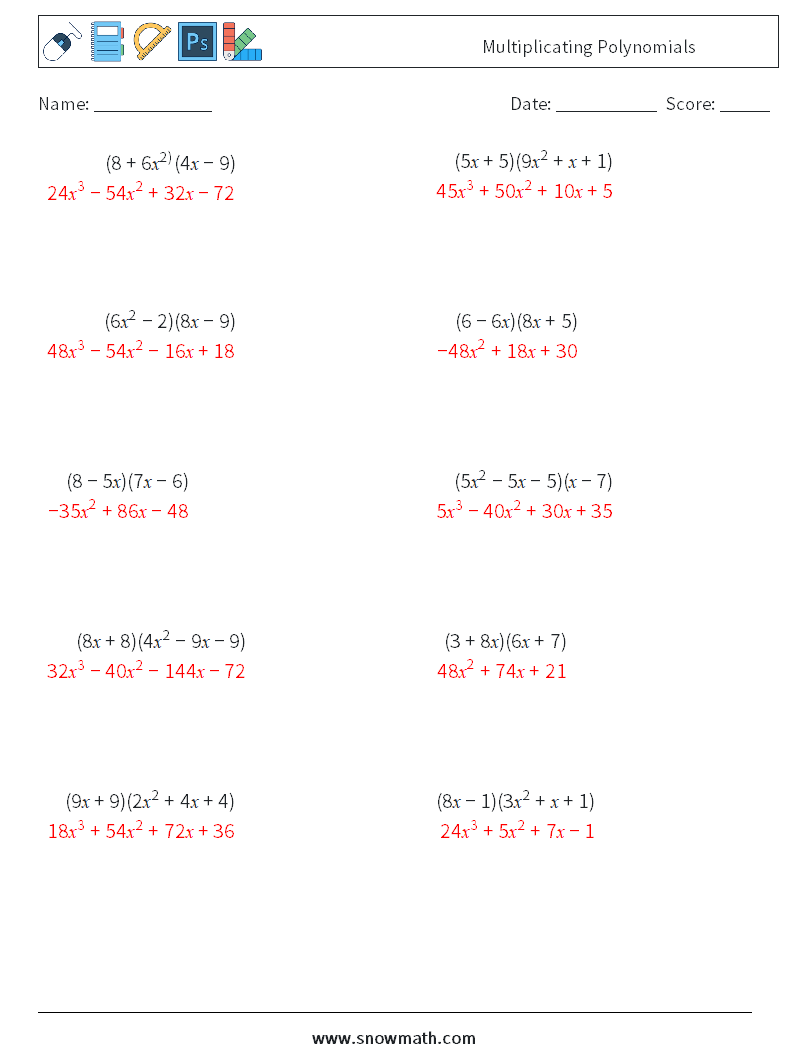 Multiplicating Polynomials Maths Worksheets 9 Question, Answer