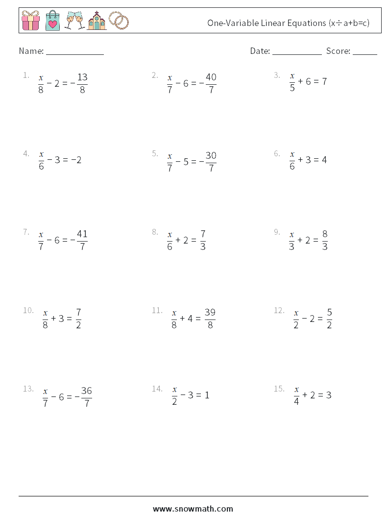 One-Variable Linear Equations (x÷a+b=c) Maths Worksheets 1