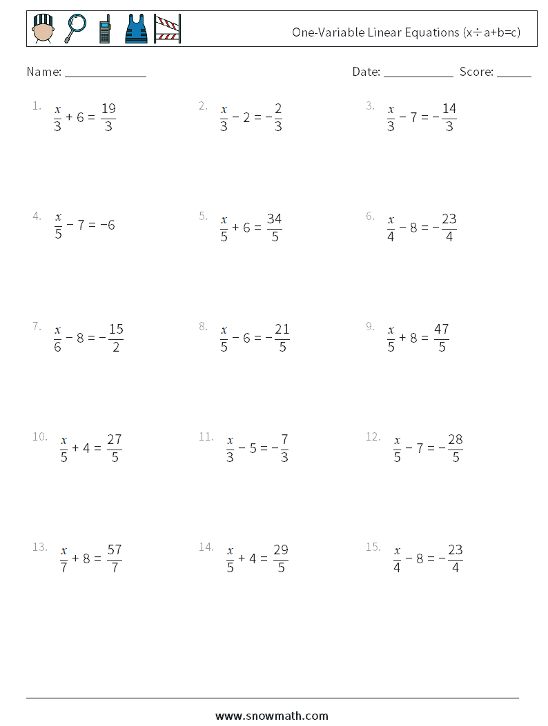 One-Variable Linear Equations (x÷a+b=c) Maths Worksheets 10