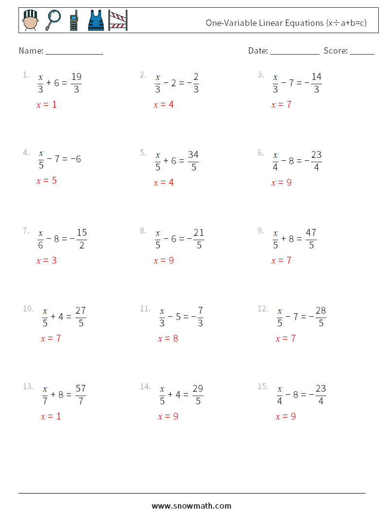 One-Variable Linear Equations (x÷a+b=c) Maths Worksheets 10 Question, Answer