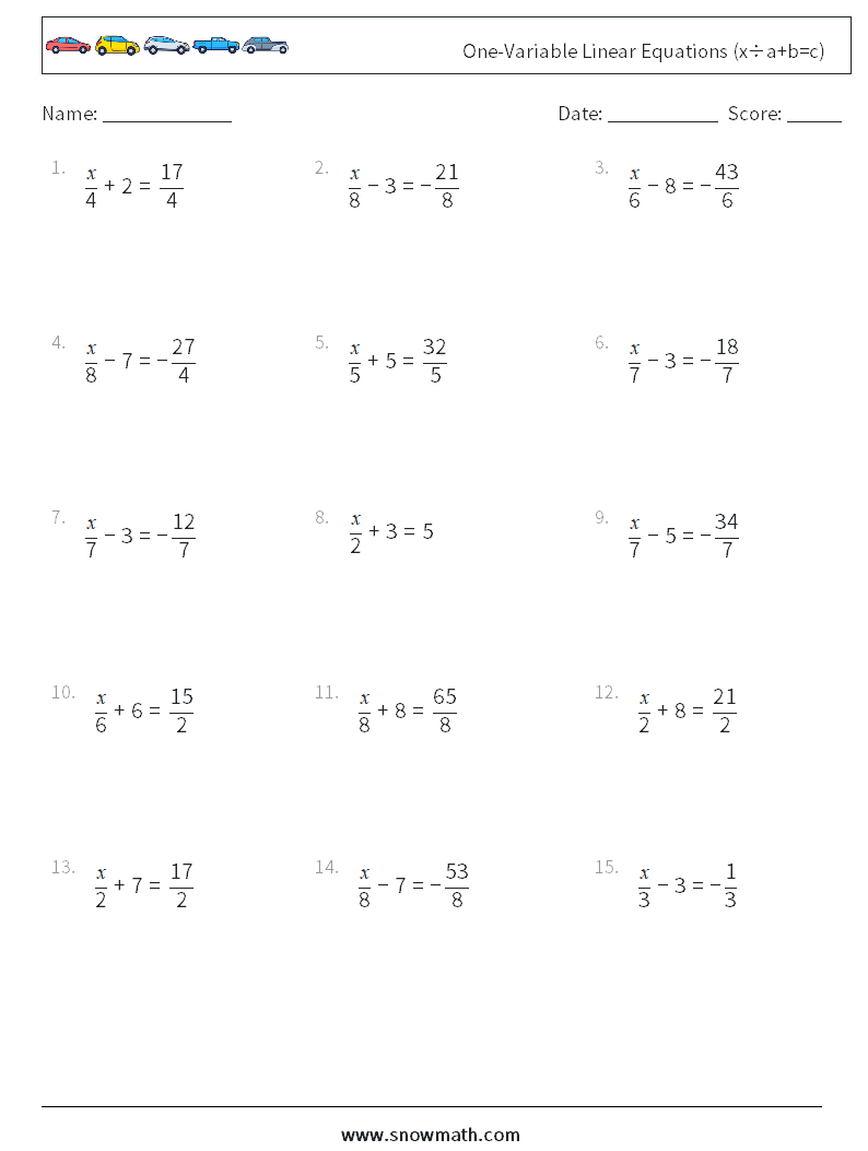 One-Variable Linear Equations (x÷a+b=c) Maths Worksheets 11
