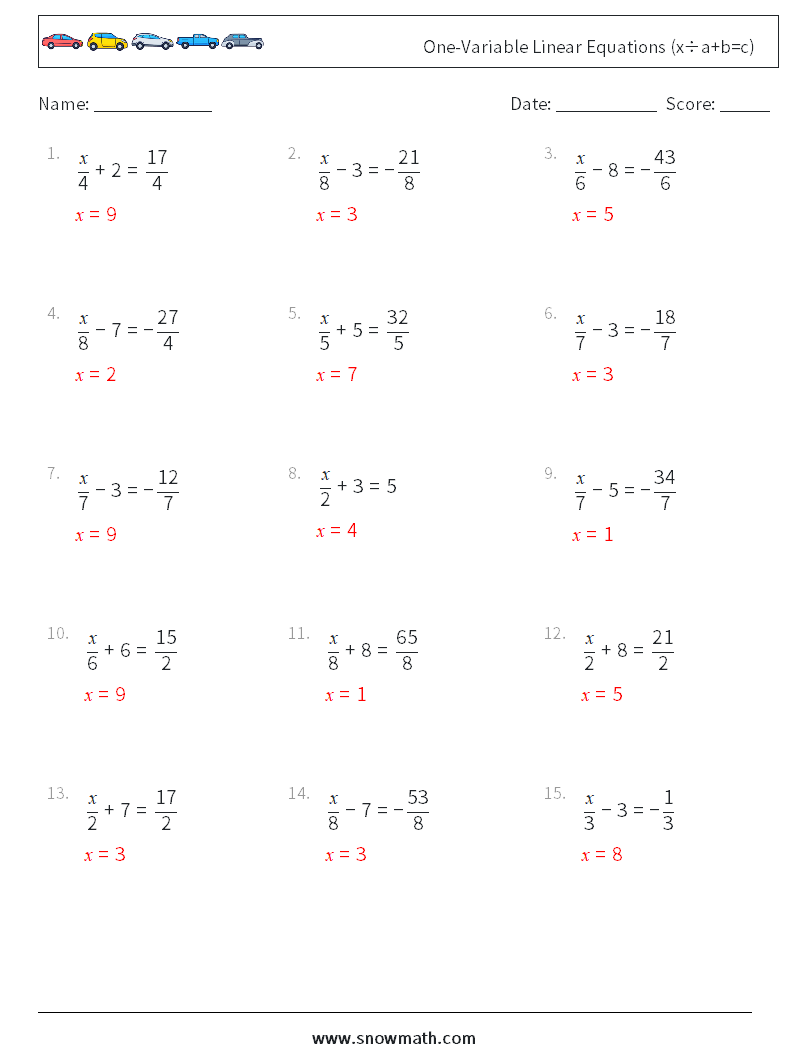 One-Variable Linear Equations (x÷a+b=c) Maths Worksheets 11 Question, Answer