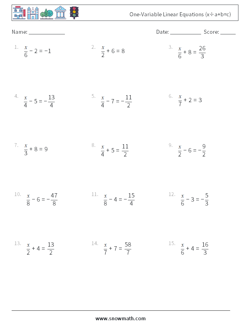 One-Variable Linear Equations (x÷a+b=c) Maths Worksheets 12