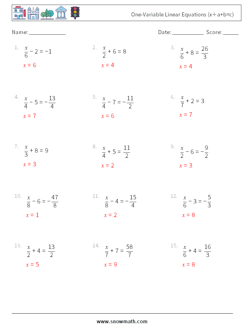 One-Variable Linear Equations (x÷a+b=c) Maths Worksheets 12 Question, Answer