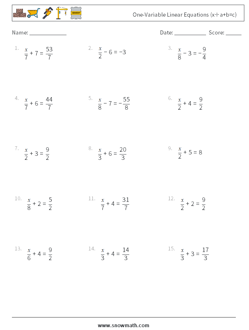 One-Variable Linear Equations (x÷a+b=c) Maths Worksheets 13