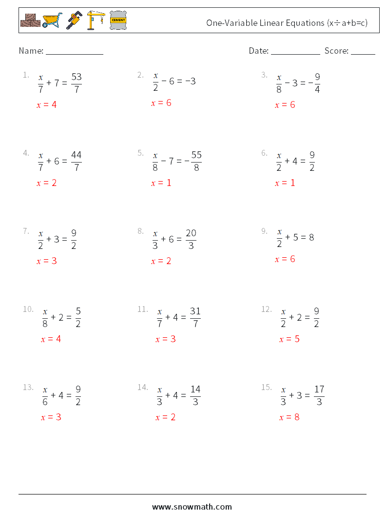 One-Variable Linear Equations (x÷a+b=c) Maths Worksheets 13 Question, Answer
