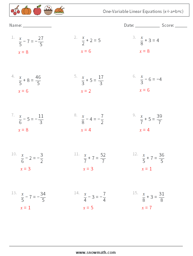 One-Variable Linear Equations (x÷a+b=c) Maths Worksheets 14 Question, Answer