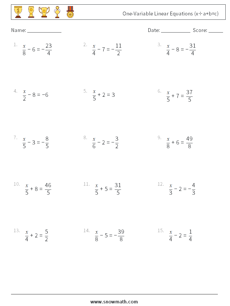 One-Variable Linear Equations (x÷a+b=c) Maths Worksheets 15