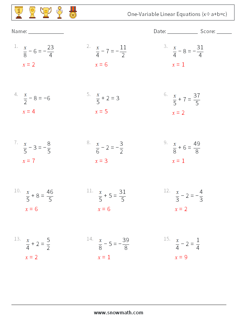 One-Variable Linear Equations (x÷a+b=c) Maths Worksheets 15 Question, Answer