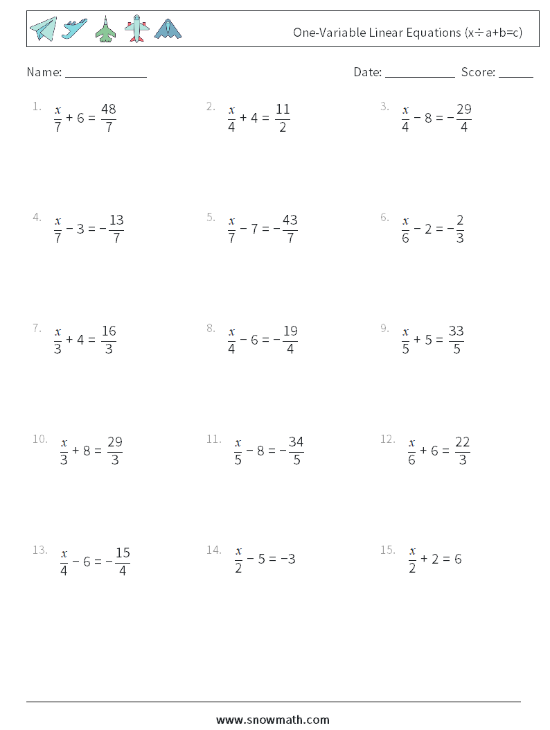 One-Variable Linear Equations (x÷a+b=c) Maths Worksheets 16