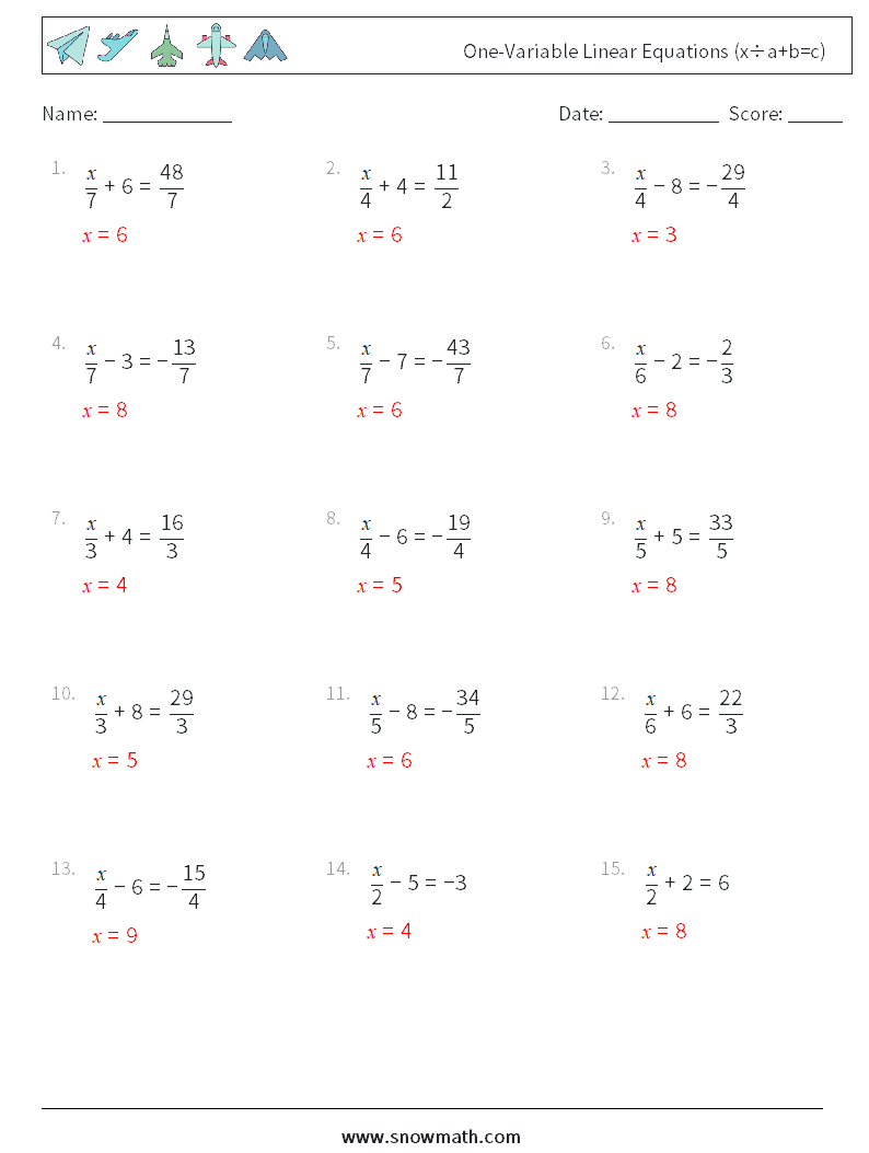 One-Variable Linear Equations (x÷a+b=c) Maths Worksheets 16 Question, Answer