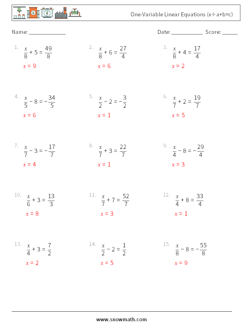 One-Variable Linear Equations (x÷a+b=c) Maths Worksheets 17 Question, Answer