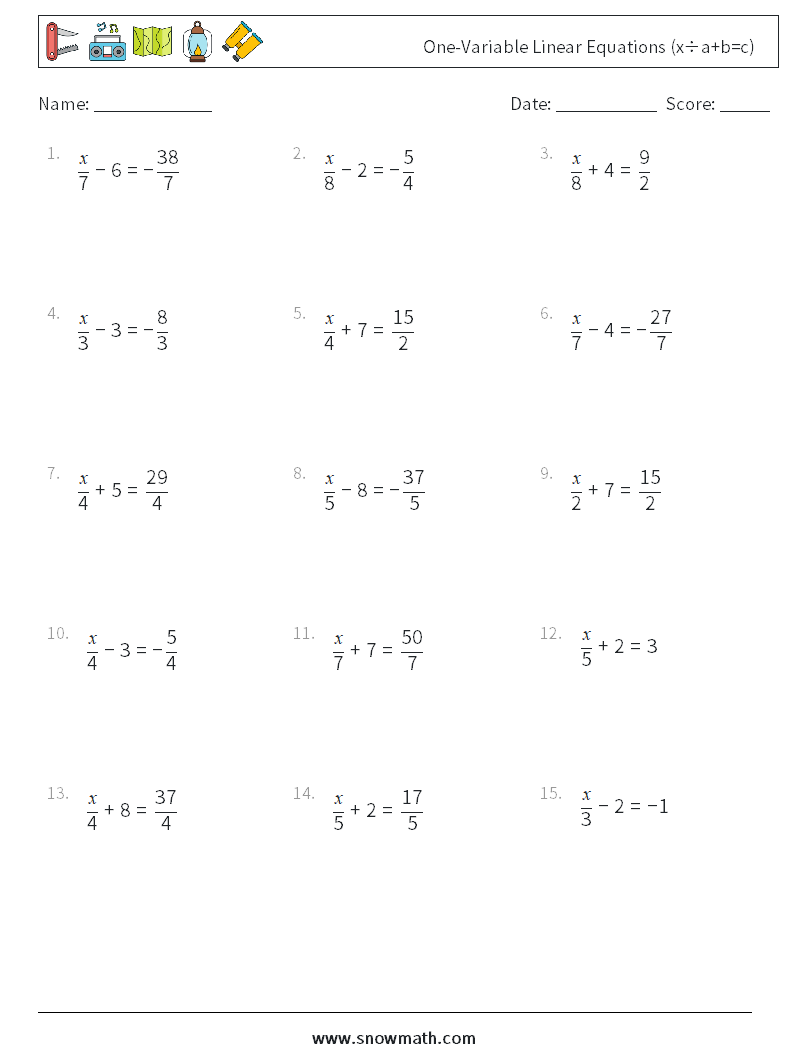 One-Variable Linear Equations (x÷a+b=c) Maths Worksheets 18