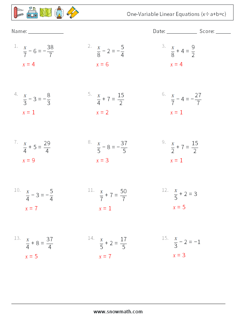 One-Variable Linear Equations (x÷a+b=c) Maths Worksheets 18 Question, Answer