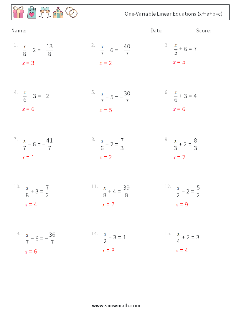 One-Variable Linear Equations (x÷a+b=c) Maths Worksheets 1 Question, Answer