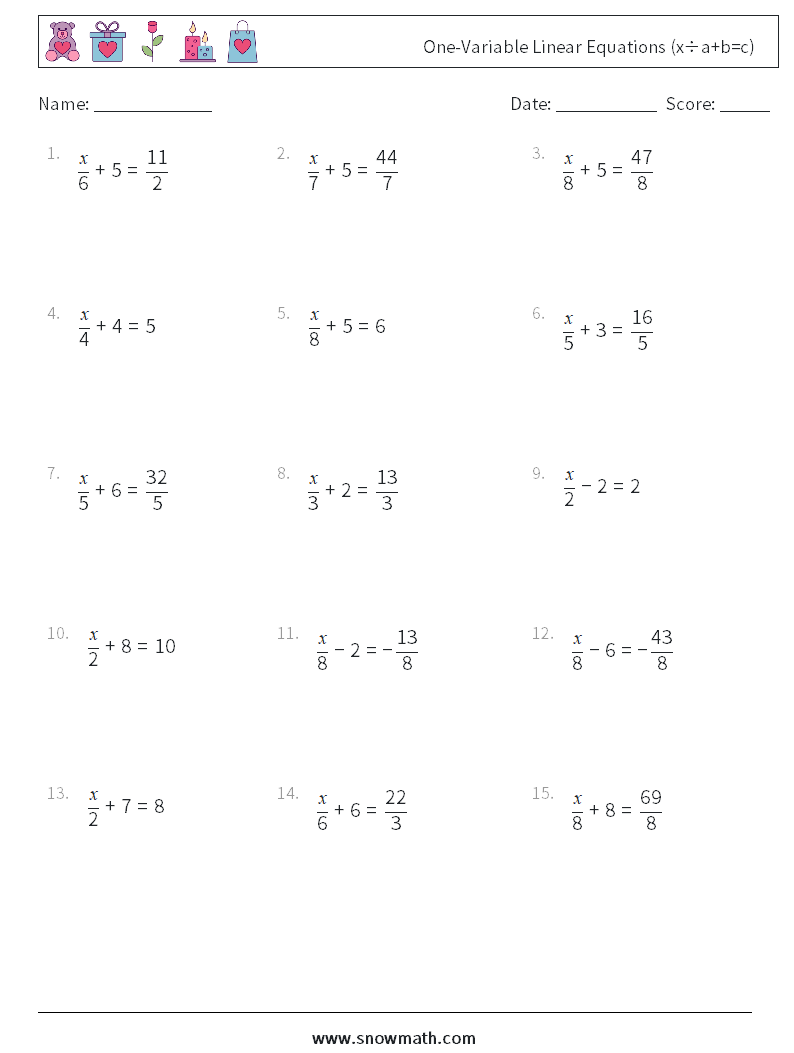 One-Variable Linear Equations (x÷a+b=c) Maths Worksheets 2