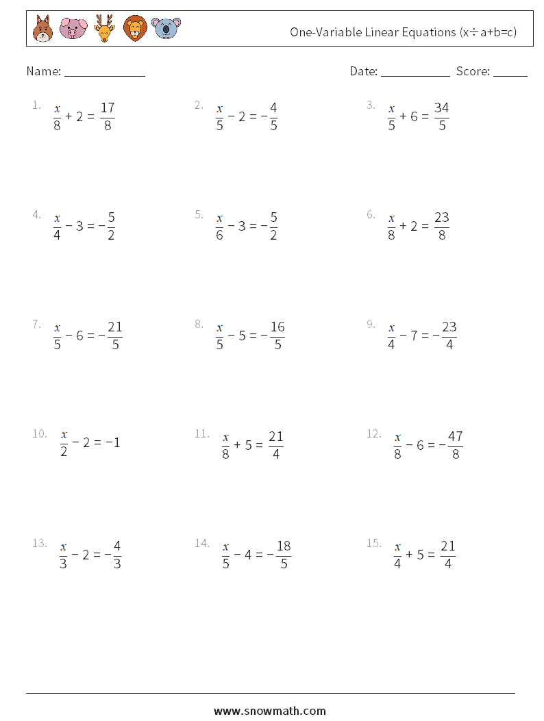 One-Variable Linear Equations (x÷a+b=c) Maths Worksheets 3