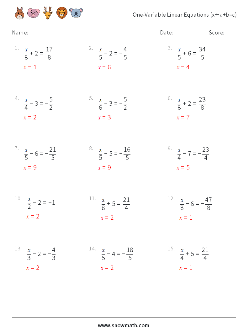 One-Variable Linear Equations (x÷a+b=c) Maths Worksheets 3 Question, Answer