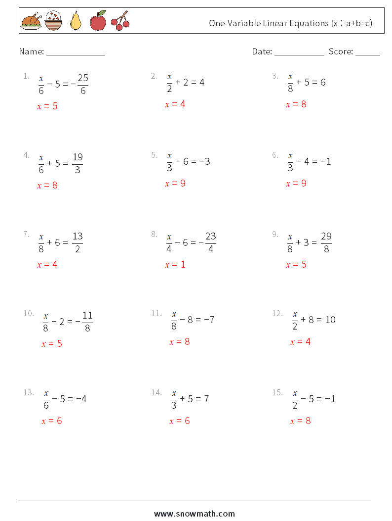 One-Variable Linear Equations (x÷a+b=c) Maths Worksheets 4 Question, Answer