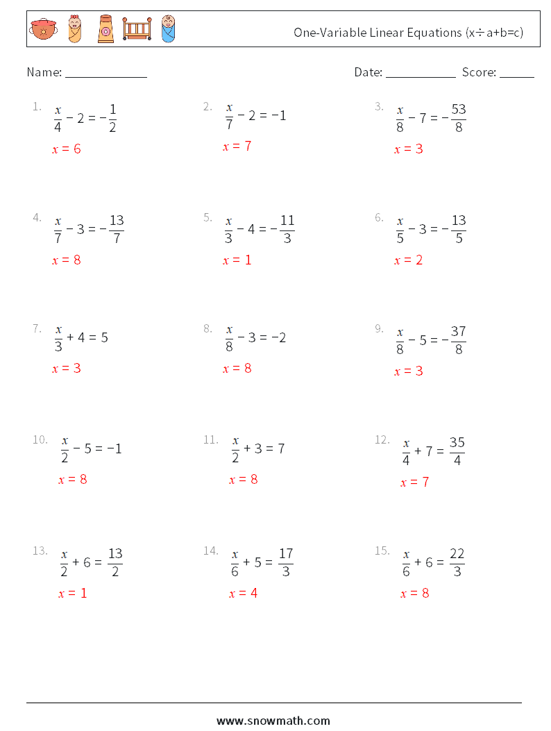 One-Variable Linear Equations (x÷a+b=c) Maths Worksheets 5 Question, Answer